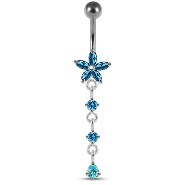 CZ Stone Flower with Round and Teardrop Dangling Sterling Silver Belly Button Piercing Ring Jewelry 